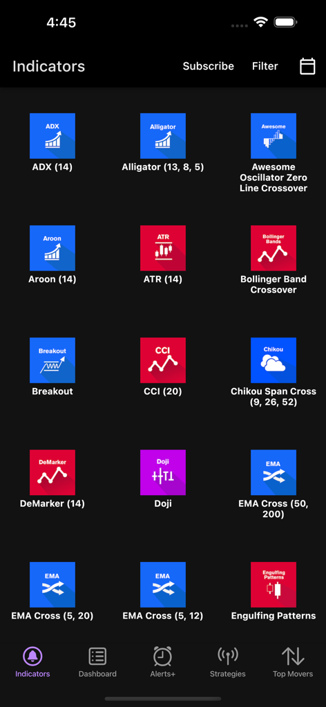 Tela móvel exibindo uma lista de indicadores técnicos de trading, incluindo ADX, Alligator e cruzamento de Bandas de Bollinger