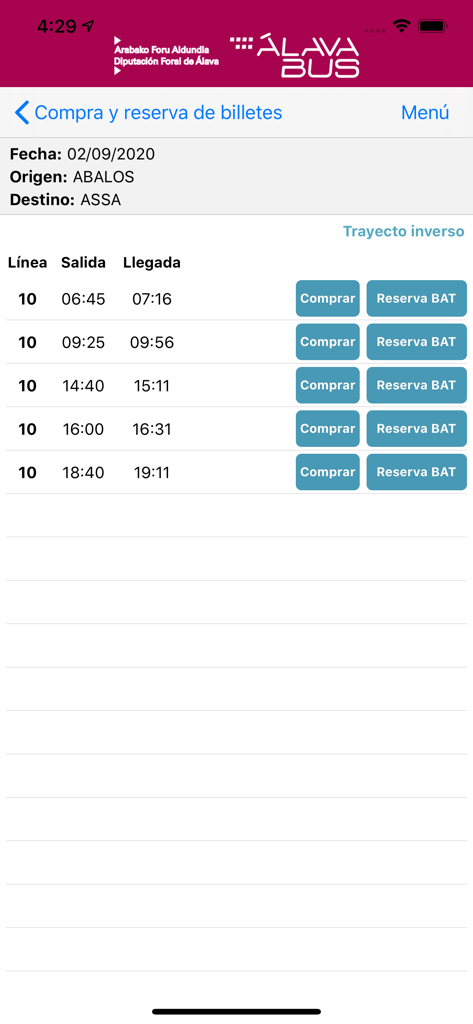 Interfaz de la aplicación Alavabus que muestra horarios de autobús para la línea 10 con opciones para comprar o reservar billetes