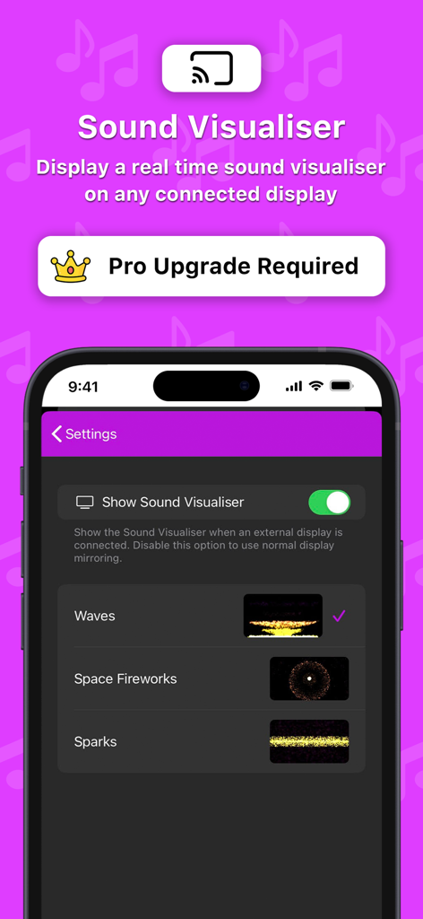 Impostazioni dell'app Soundboard Studio per il visualizzatore sonoro in tempo reale su display esterni