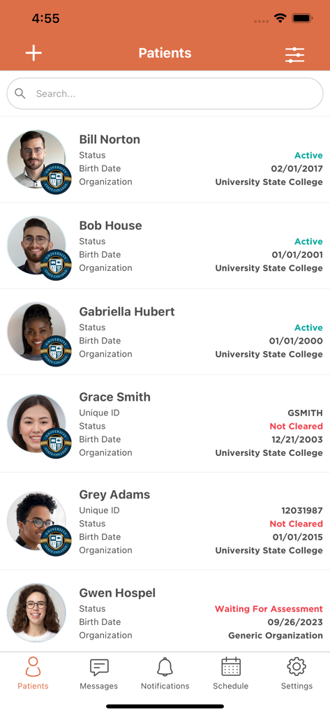Healthy Roster - Healthy Roster app screen displaying a list of patient profiles with status and organization details