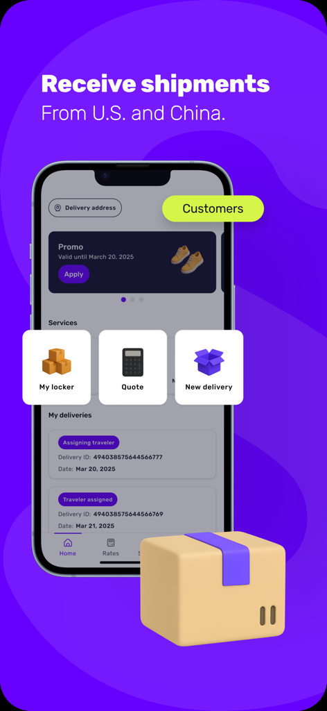 Shappi - Shappi mobile app interface for customers showing international shipment tracking and delivery options
