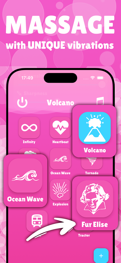 Captura de pantalla de la app Vibrador mostrando patrones de vibración únicos como Volcán y Ola Oceánica para masaje muscular