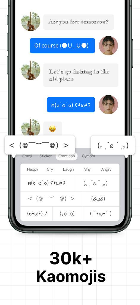 Keyboard Fonts - Font Art - Interfaz de teclado de iOS que muestra burbujas de mensajes de texto con fuentes personalizadas y varios kaomojis.