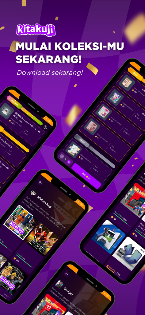 Kitakuji - Kitakuji mobile app screens displaying anime collectibles and gadget gacha listings