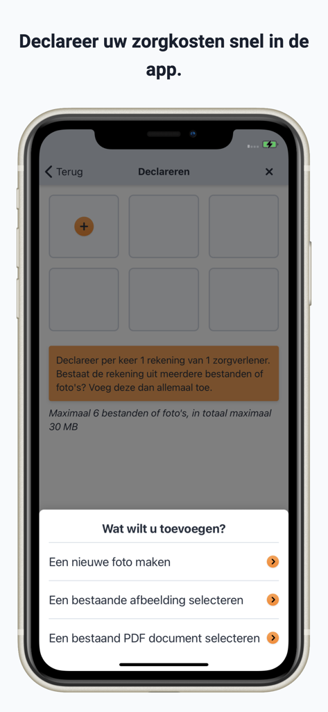 Mobile screen of VvAA healthcare app showing options to upload photos or PDF documents for medical claims