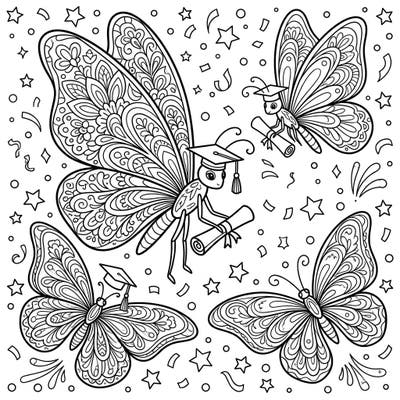 Congratulate graduates with this unique coloring page featuring elegant butterflies adorned with graduation caps and diplomas. Its intricate details and celebratory background make it perfect for marking a special achievement.