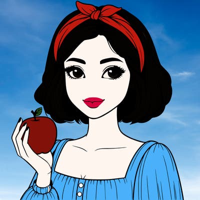 a woman with medium short hair, wearing a headband with a small bow, carrying an apple in her hand, realistic