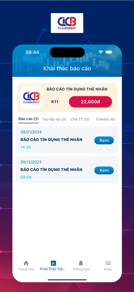 iCICモバイルアプリケーションの個々の信用レポート履歴画面
