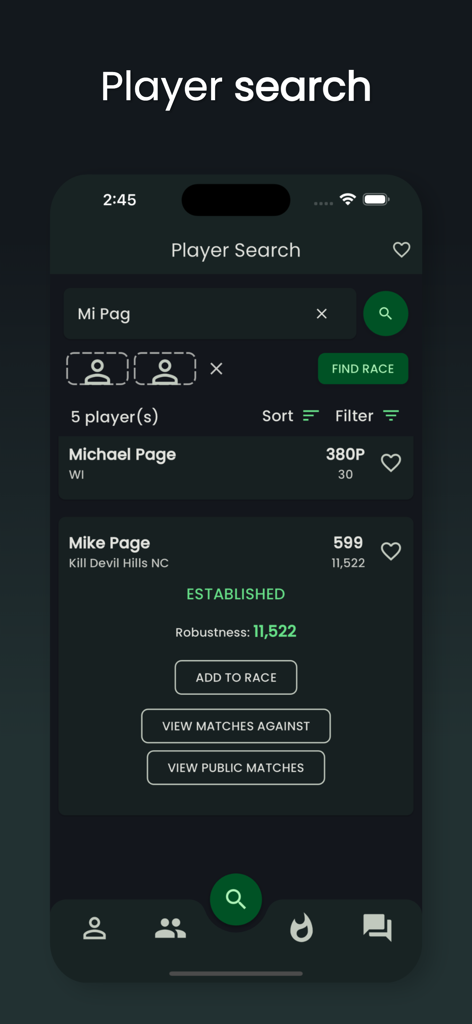 FargoRate - FargoRate mobile app player search screen showing pool player ratings and statistics