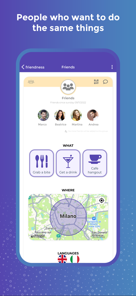 friendness - Friendness app screen showing group members activity options and location map