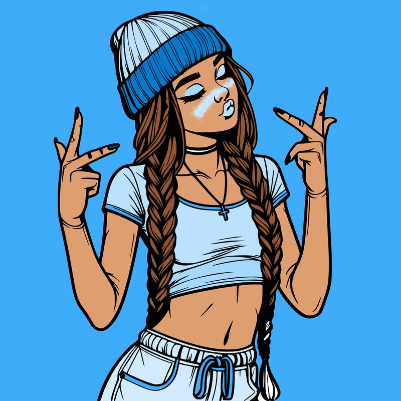 realistic teenage girl with braids and a beanie and crop top doing 🫶🏼