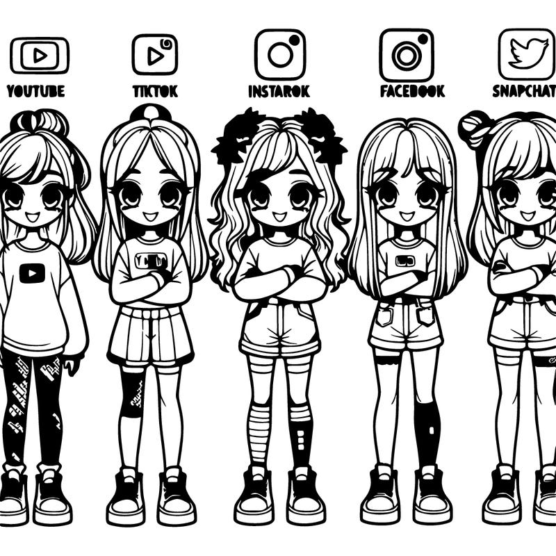 girls lined up as youtube,tik tok, twitter, instagram, facebook, snapchat.