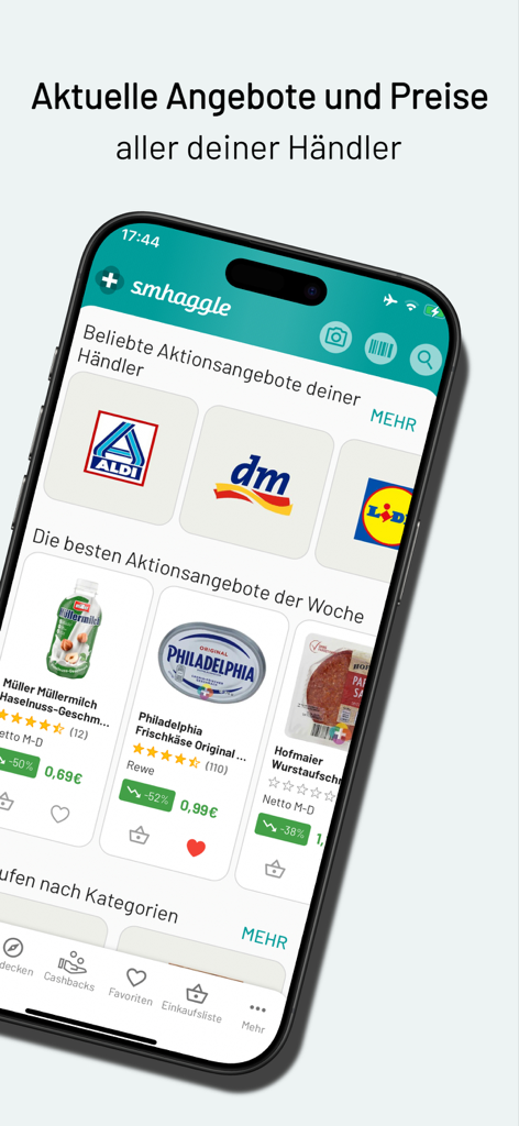 smhaggle - A smartphone screen showing the smhaggle app with grocery offers from various retailers like Aldi and Lidl