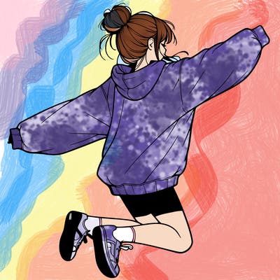 realistic girl jumping with a bun and oversized sweatshirt