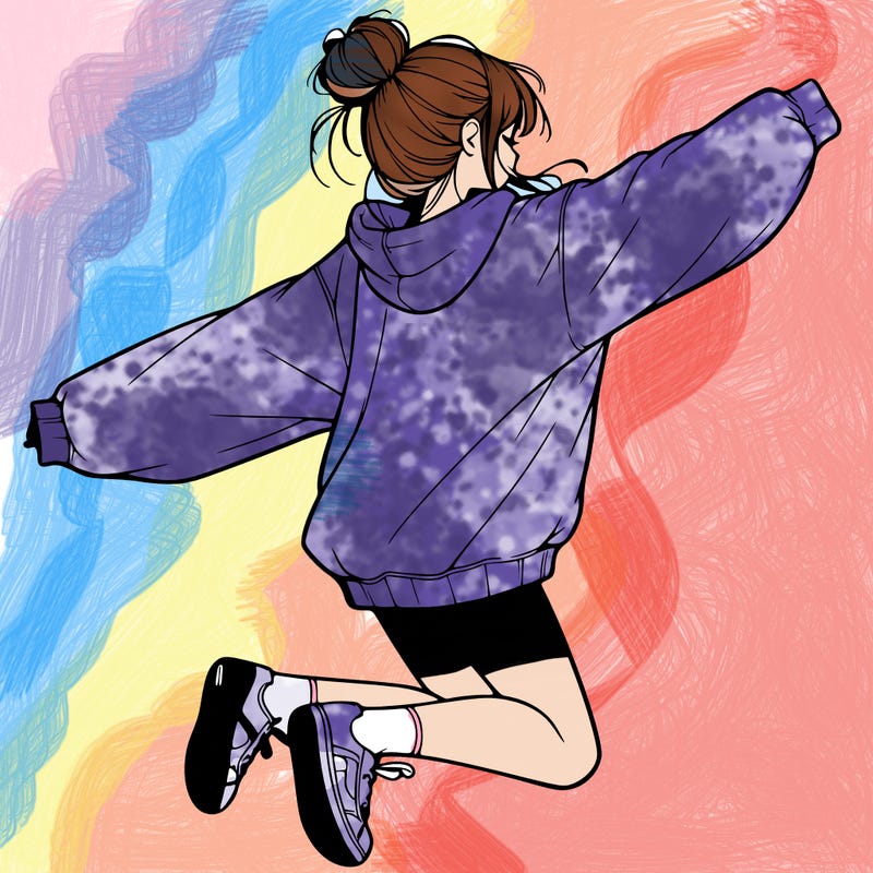 realistic girl jumping with a bun and oversized sweatshirt