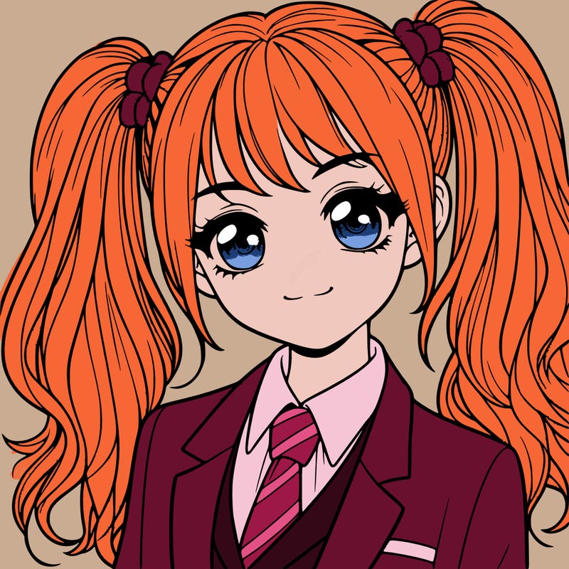 realistic girl with two ponytails and a suit on