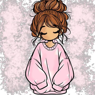 girl with baggy sweatshirt and messy bun