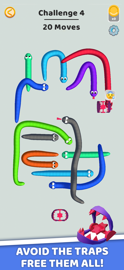 Tangled Snakes - Gameplay screen of Tangled Snakes showing a puzzle with various colored snakes and obstacles.