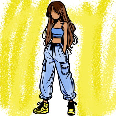 girl in baggy pants crop top and long hair