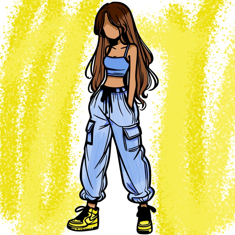 girl in baggy pants crop top and long hair