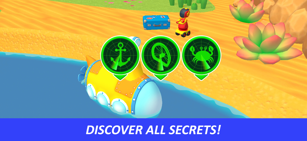 Yellow submarine with radar icons searching for secrets in Leo's World