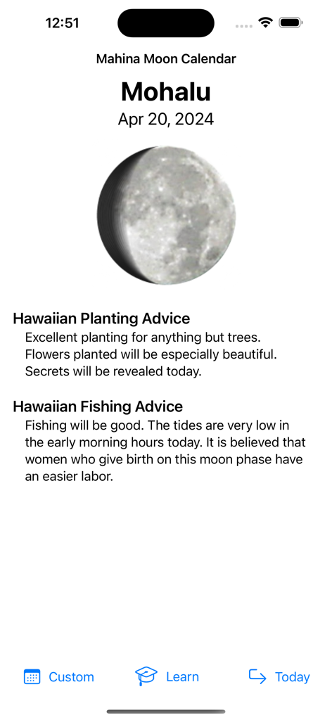 Mahina Hawaiian Moon Calendar interface showing the Mohalu moon phase with traditional planting and fishing advice