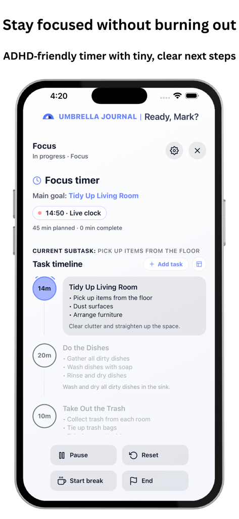 Umbrella Journal : Smart CBT - タスクタイムラインとADHDフレンドリーなプロンプトを表示するUmbrella Journalフォーカスタイマーインターフェースを示すスマートフォンの画面。