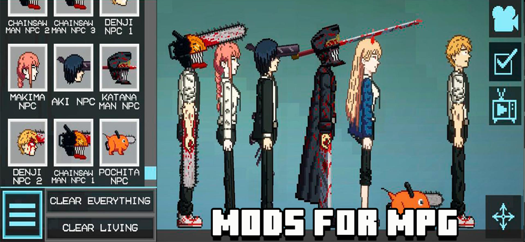 Interface showing Chainsaw Man anime character NPC mods for the Melon Ragdoll game.