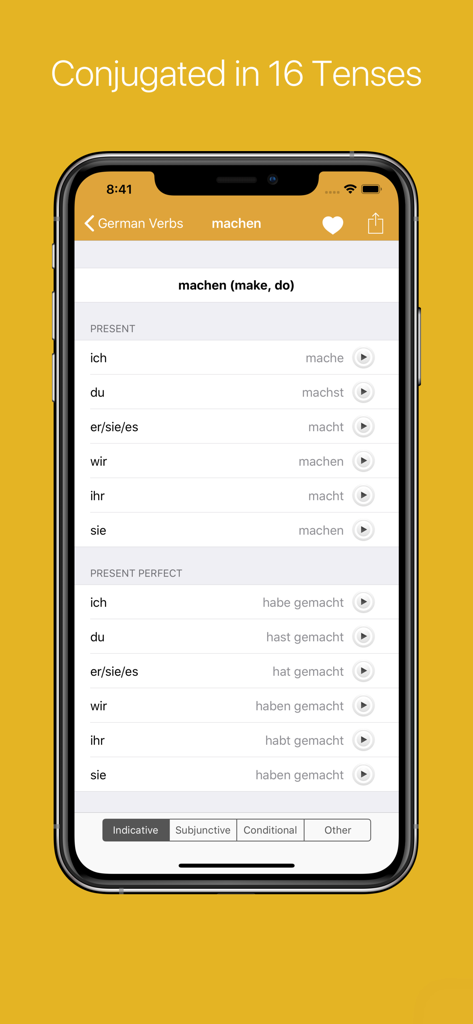 German Verb Conjugator - Interface of the German Verb Conjugator app showing the conjugation of the verb machen in Present and Present Perfect tenses