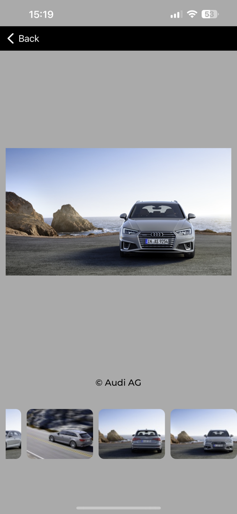 Bildergalerie im Auto-Data.net App mit verschiedenen Ansichten eines Audi Kombis