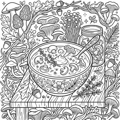 Explore the delightful details of a hearty mushroom soup amidst a forest of fungi. This intricate coloring page, perfect for teens, combines culinary charm with natural beauty.