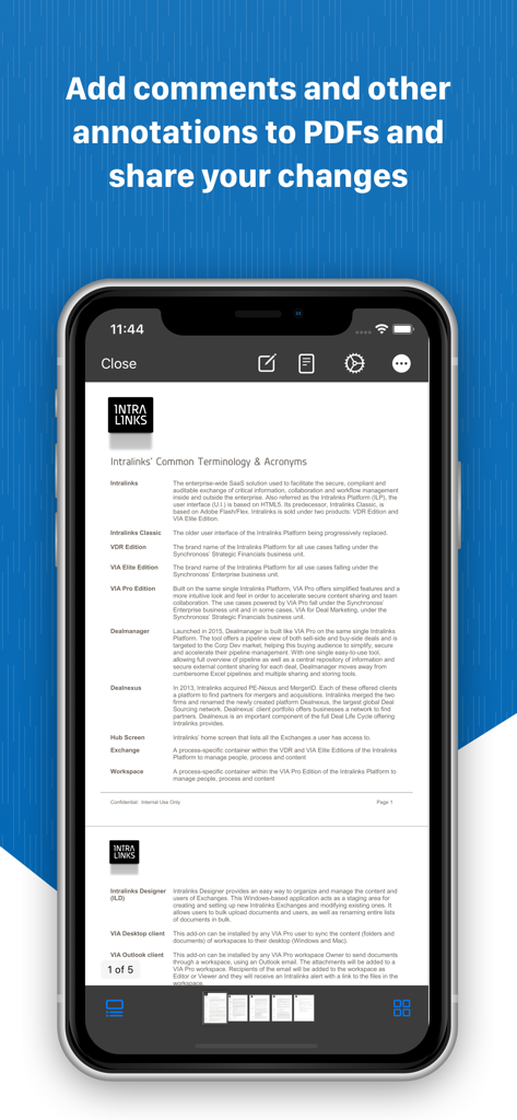 iPhone-Bildschirm mit der Intralinks-App und PDF-Dokument- sowie Annotationsfunktionen.