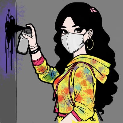 realistic girl with mask spray painting a wall