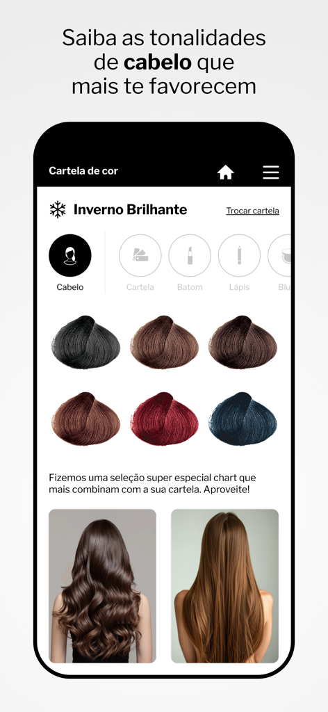 Mobile app screen showing hair color swatches and photos for Bright Winter seasonal color analysis