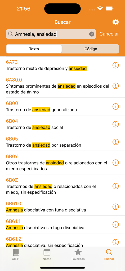 Pantalla de búsqueda de la aplicación CIE-11 que muestra códigos médicos de ansiedad y amnesia en español.