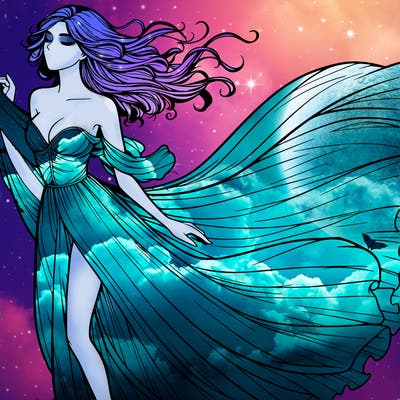 realistic woman in dress flowing the the wind