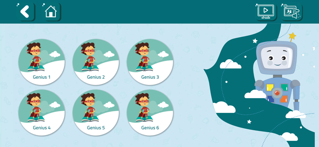 Takallam - Interfaz de la aplicación Takallam que muestra seis módulos educativos etiquetados como Genio 1 a 6 con personajes de dibujos animados de superhéroes y un robot amigable.