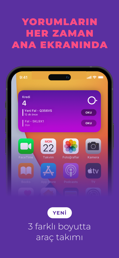 Tela inicial do iPhone mostrando o widget de leitura de café FaldanAdam em roxo