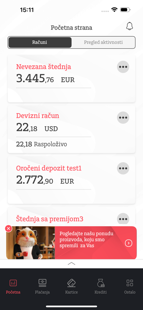 Addiko Mobile Crna Gora - Addiko Mobile Crna Gora home screen showing account balances in EUR and USD