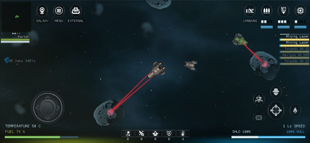 Naves espaciales utilizando láseres de minería en asteroides en la jugabilidad del simulador espacial Galaxy Genome.