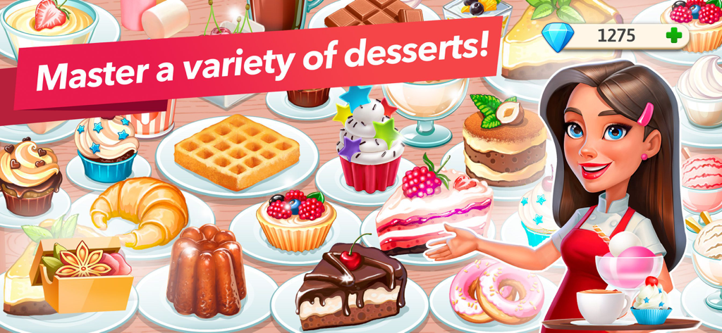 Eine Vielfalt an bunten Gebäckstücken und Desserts mit einem Barista-Charakter im Restaurant-Spiel Mein Café