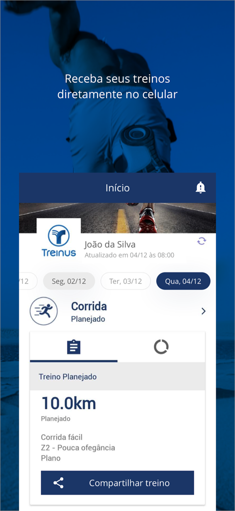Treinus - Interface do aplicativo Treinus exibindo um plano de treino programado para 10km.