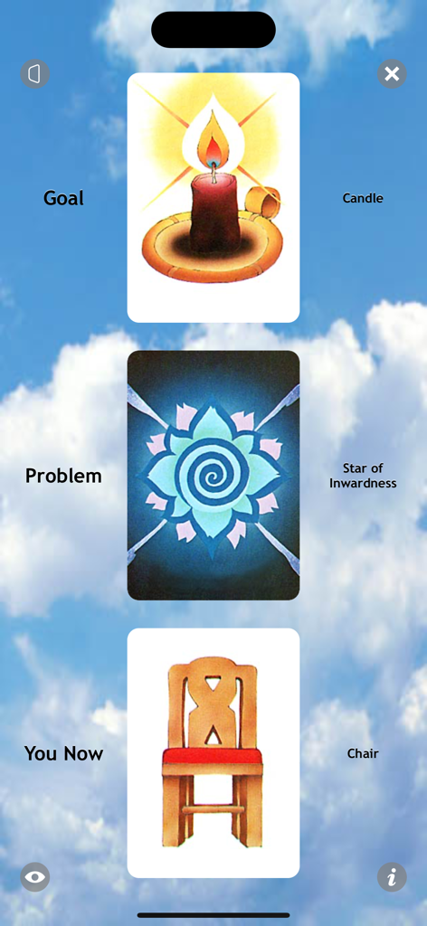 Star Journey - Star Journey app screen showing three symbol cards for Goal Problem and You Now over a blue sky background