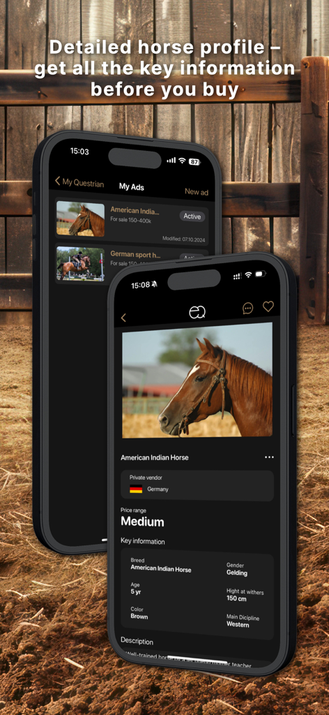 Un perfil detallado de caballo en la aplicación de comercio Ecuestre que muestra información clave como raza, edad y disciplina para un anuncio.