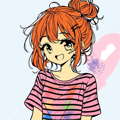 anime girl teenager striped shirt and smile and messy bun