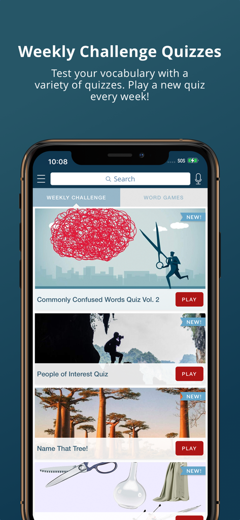 Merriam-Webster Dictionary+ - Merriam-Webster Dictionary plus app showing weekly challenge quizzes and word games.
