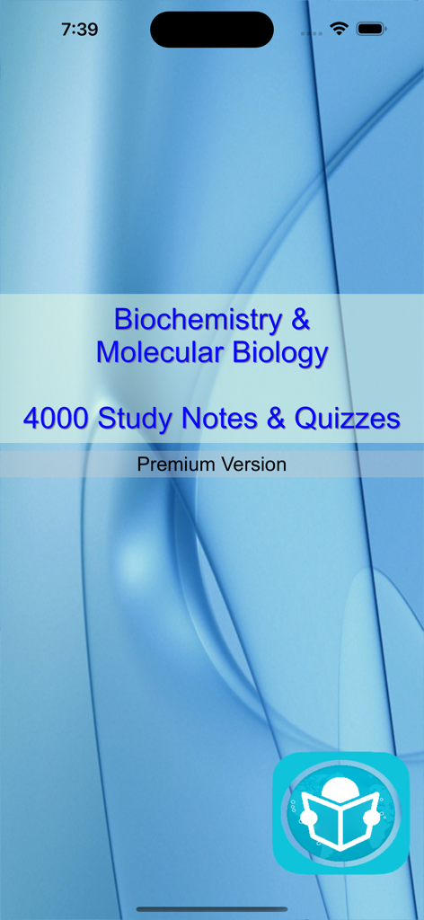 Biochemistry and Molecular Biology app splash screen featuring 4000 study notes and quizzes