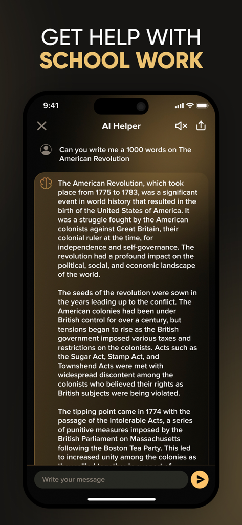 Assistente di chat AI che scrive un saggio storico dettagliato sulla Rivoluzione Americana su uno schermo di telefono cellulare.
