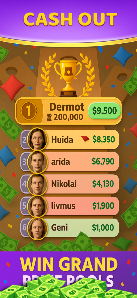 A leaderboard displaying players and their cash earnings in Cornhole Cash Skill Online.