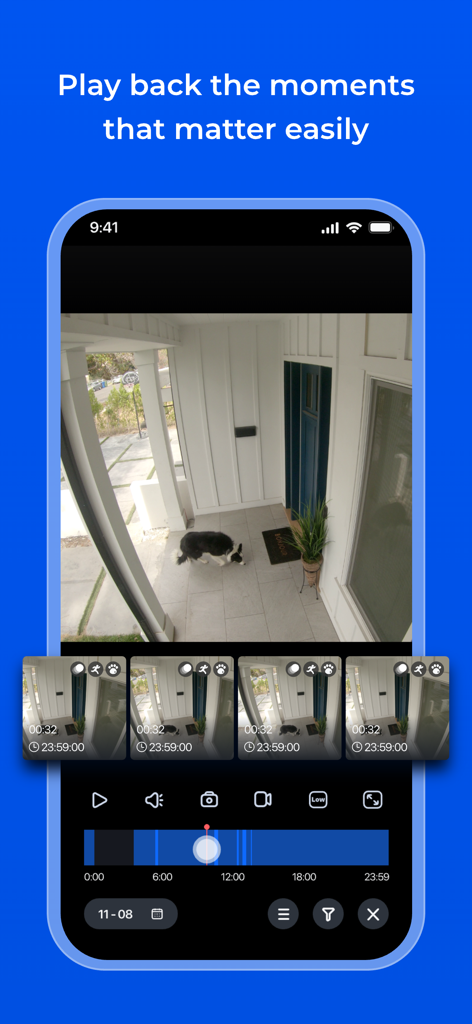 Reolink - Reolink mobile app screenshot showing video playback of a dog on a front porch with a timeline and motion detection markers